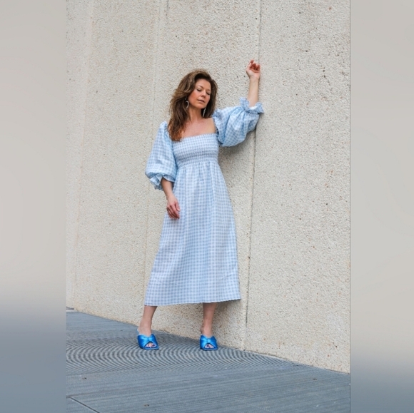 Sleeper 100% linen blue and white gingham atlanta midi dress, small - Picture 2 of 12